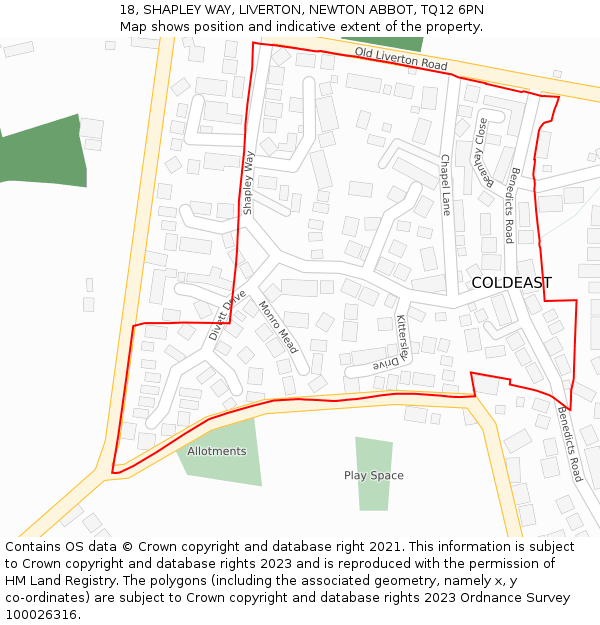 18, SHAPLEY WAY, LIVERTON, NEWTON ABBOT, TQ12 6PN: Location map and indicative extent of plot