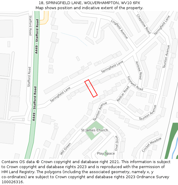 18, SPRINGFIELD LANE, WOLVERHAMPTON, WV10 6PX: Location map and indicative extent of plot