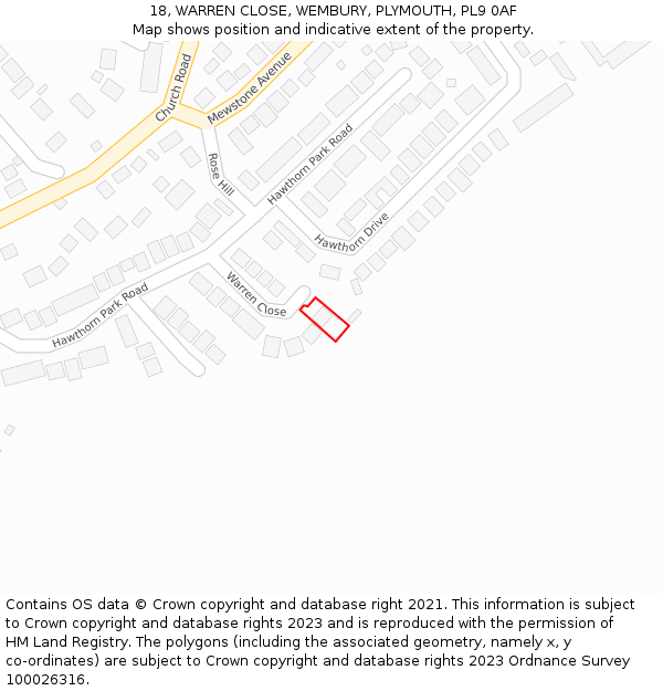 18, WARREN CLOSE, WEMBURY, PLYMOUTH, PL9 0AF: Location map and indicative extent of plot