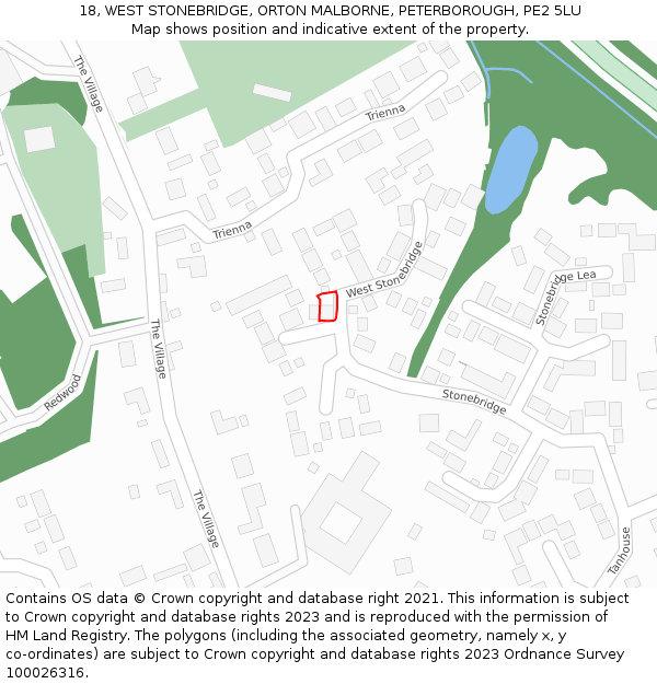 18, WEST STONEBRIDGE, ORTON MALBORNE, PETERBOROUGH, PE2 5LU: Location map and indicative extent of plot