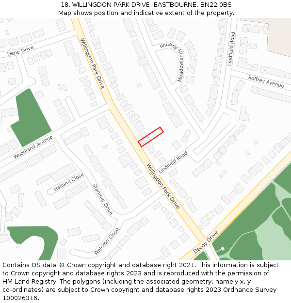 18, WILLINGDON PARK DRIVE, EASTBOURNE, BN22 0BS: Location map and indicative extent of plot