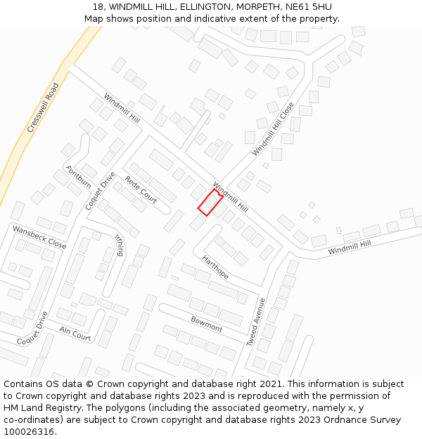 18, WINDMILL HILL, ELLINGTON, MORPETH, NE61 5HU: Location map and indicative extent of plot