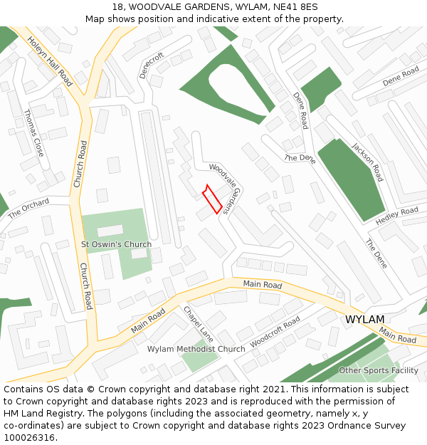 18, WOODVALE GARDENS, WYLAM, NE41 8ES: Location map and indicative extent of plot