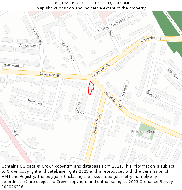 180, LAVENDER HILL, ENFIELD, EN2 8NP: Location map and indicative extent of plot