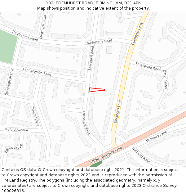 182, EDENHURST ROAD, BIRMINGHAM, B31 4PN: Location map and indicative extent of plot