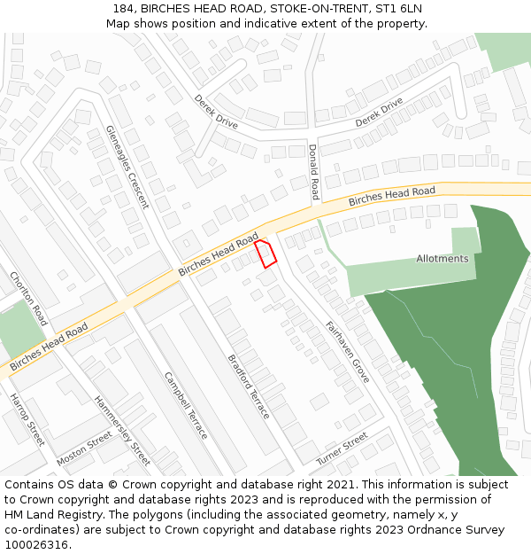 184, BIRCHES HEAD ROAD, STOKE-ON-TRENT, ST1 6LN: Location map and indicative extent of plot