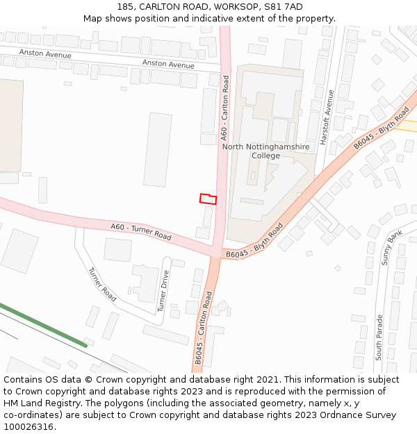 185, CARLTON ROAD, WORKSOP, S81 7AD: Location map and indicative extent of plot