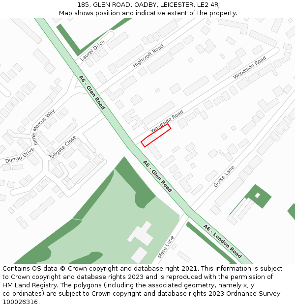 185, GLEN ROAD, OADBY, LEICESTER, LE2 4RJ: Location map and indicative extent of plot