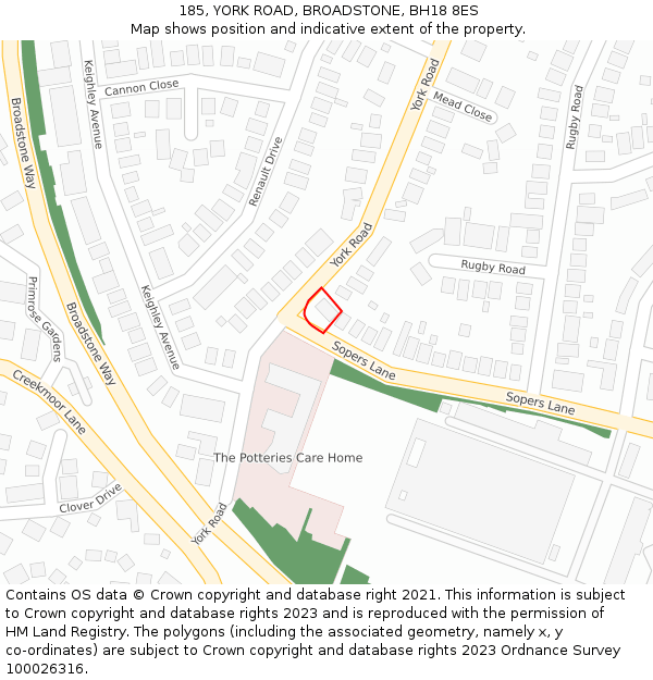 185, YORK ROAD, BROADSTONE, BH18 8ES: Location map and indicative extent of plot
