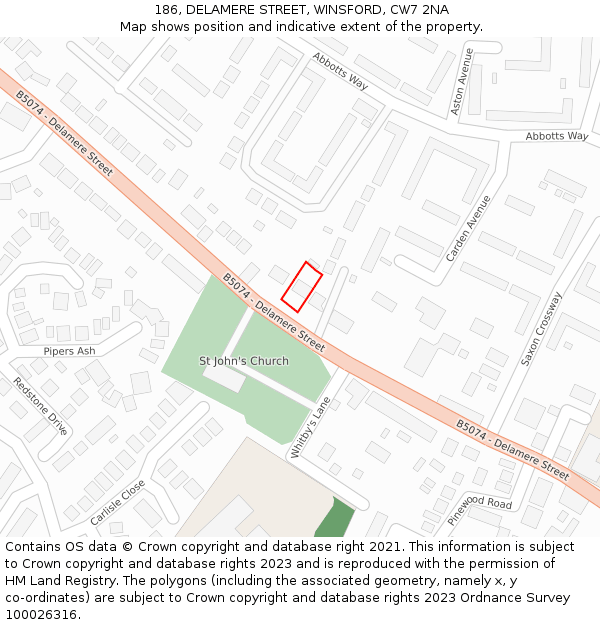 186, DELAMERE STREET, WINSFORD, CW7 2NA: Location map and indicative extent of plot