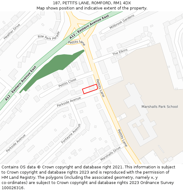 187, PETTITS LANE, ROMFORD, RM1 4DX: Location map and indicative extent of plot