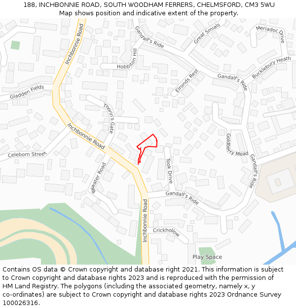 188, INCHBONNIE ROAD, SOUTH WOODHAM FERRERS, CHELMSFORD, CM3 5WU: Location map and indicative extent of plot
