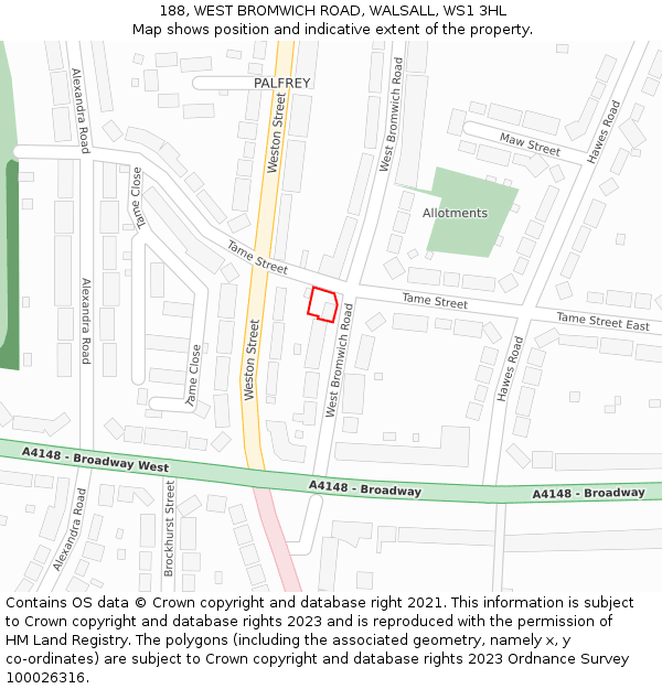 188, WEST BROMWICH ROAD, WALSALL, WS1 3HL: Location map and indicative extent of plot