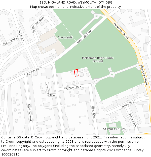 18D, HIGHLAND ROAD, WEYMOUTH, DT4 0BG: Location map and indicative extent of plot