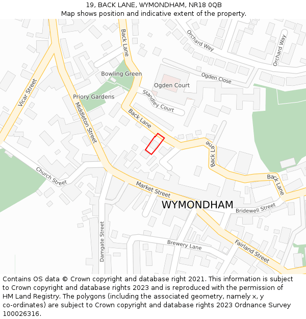 19, BACK LANE, WYMONDHAM, NR18 0QB: Location map and indicative extent of plot