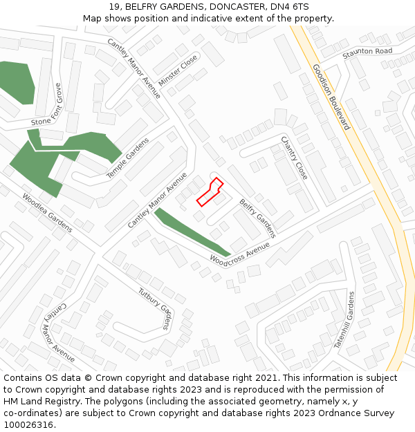 19, BELFRY GARDENS, DONCASTER, DN4 6TS: Location map and indicative extent of plot