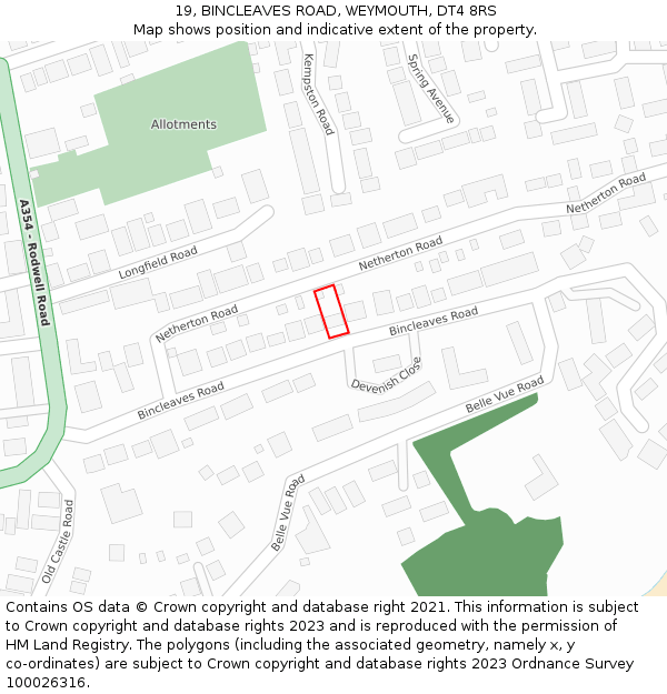 19, BINCLEAVES ROAD, WEYMOUTH, DT4 8RS: Location map and indicative extent of plot