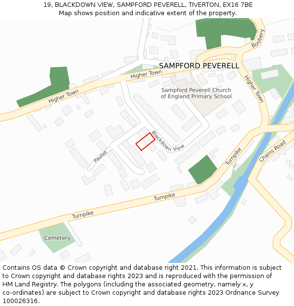 19, BLACKDOWN VIEW, SAMPFORD PEVERELL, TIVERTON, EX16 7BE: Location map and indicative extent of plot