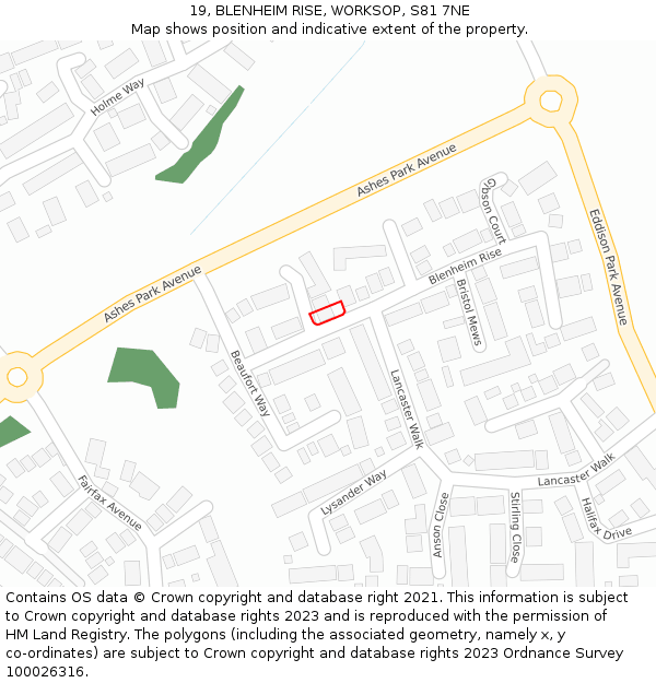 19, BLENHEIM RISE, WORKSOP, S81 7NE: Location map and indicative extent of plot