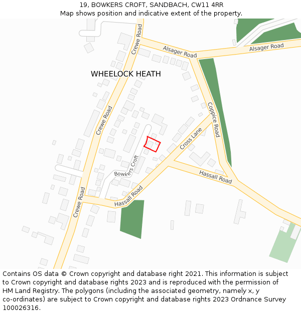 19, BOWKERS CROFT, SANDBACH, CW11 4RR: Location map and indicative extent of plot