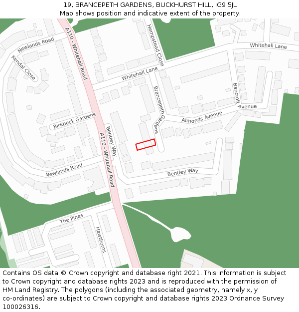 19, BRANCEPETH GARDENS, BUCKHURST HILL, IG9 5JL: Location map and indicative extent of plot