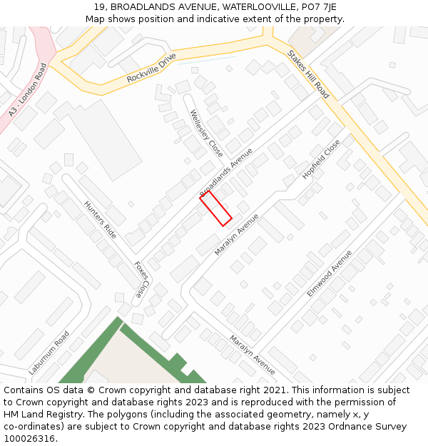 19, BROADLANDS AVENUE, WATERLOOVILLE, PO7 7JE: Location map and indicative extent of plot