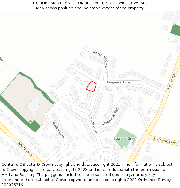 19, BURGAMOT LANE, COMBERBACH, NORTHWICH, CW9 6BU: Location map and indicative extent of plot