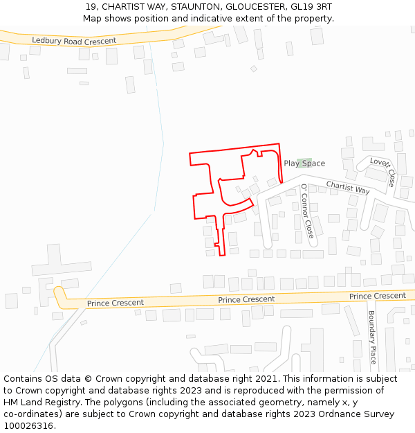 19, CHARTIST WAY, STAUNTON, GLOUCESTER, GL19 3RT: Location map and indicative extent of plot