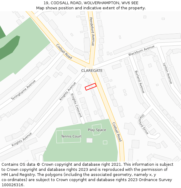 19, CODSALL ROAD, WOLVERHAMPTON, WV6 9EE: Location map and indicative extent of plot
