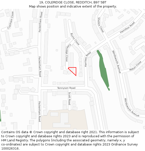 19, COLERIDGE CLOSE, REDDITCH, B97 5BT: Location map and indicative extent of plot