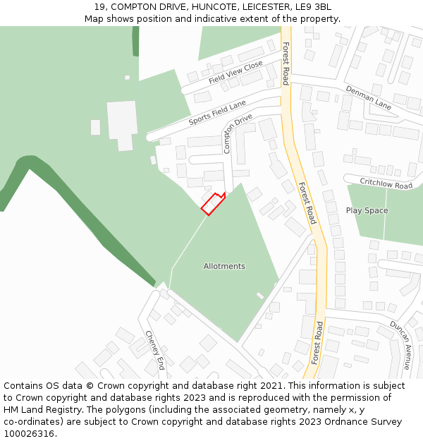 19, COMPTON DRIVE, HUNCOTE, LEICESTER, LE9 3BL: Location map and indicative extent of plot