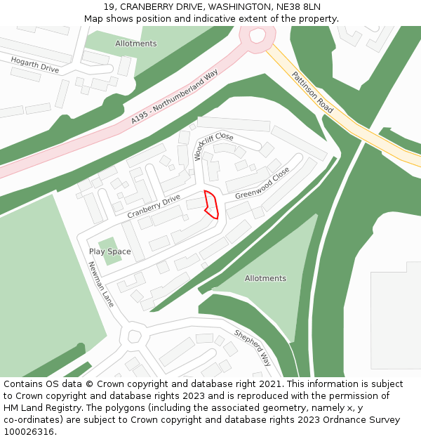 19, CRANBERRY DRIVE, WASHINGTON, NE38 8LN: Location map and indicative extent of plot