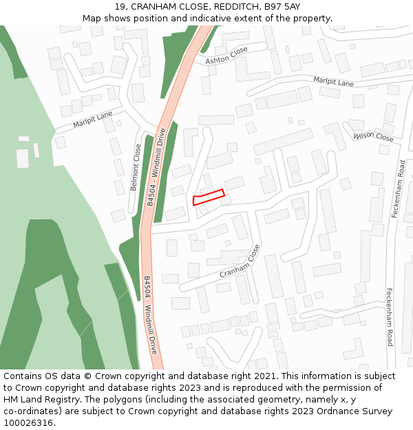 19, CRANHAM CLOSE, REDDITCH, B97 5AY: Location map and indicative extent of plot