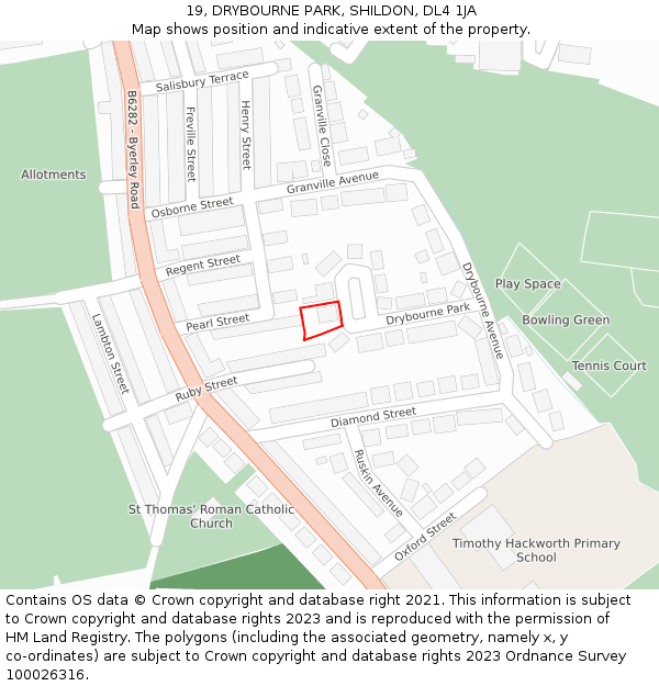 19, DRYBOURNE PARK, SHILDON, DL4 1JA: Location map and indicative extent of plot