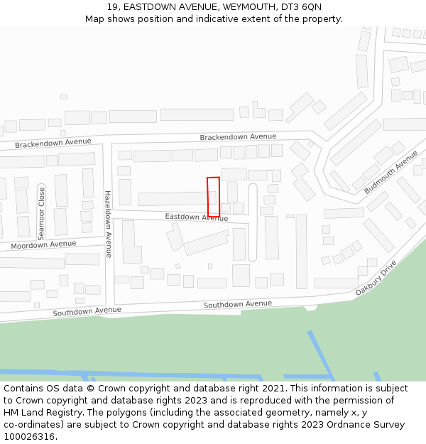 19, EASTDOWN AVENUE, WEYMOUTH, DT3 6QN: Location map and indicative extent of plot