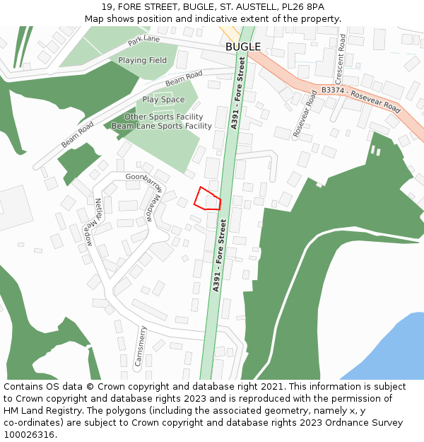 19, FORE STREET, BUGLE, ST. AUSTELL, PL26 8PA: Location map and indicative extent of plot