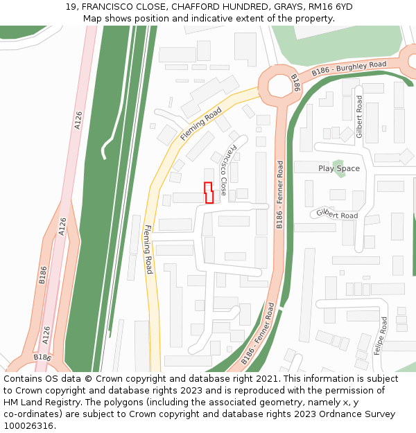 19, FRANCISCO CLOSE, CHAFFORD HUNDRED, GRAYS, RM16 6YD: Location map and indicative extent of plot