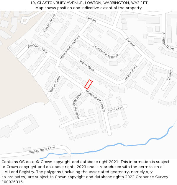 19, GLASTONBURY AVENUE, LOWTON, WARRINGTON, WA3 1ET: Location map and indicative extent of plot