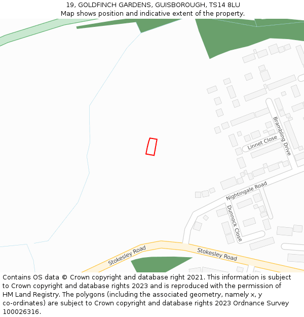 19, GOLDFINCH GARDENS, GUISBOROUGH, TS14 8LU: Location map and indicative extent of plot