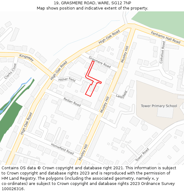 19, GRASMERE ROAD, WARE, SG12 7NP: Location map and indicative extent of plot