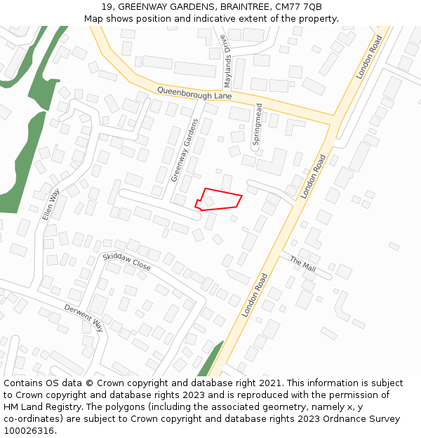 19, GREENWAY GARDENS, BRAINTREE, CM77 7QB: Location map and indicative extent of plot