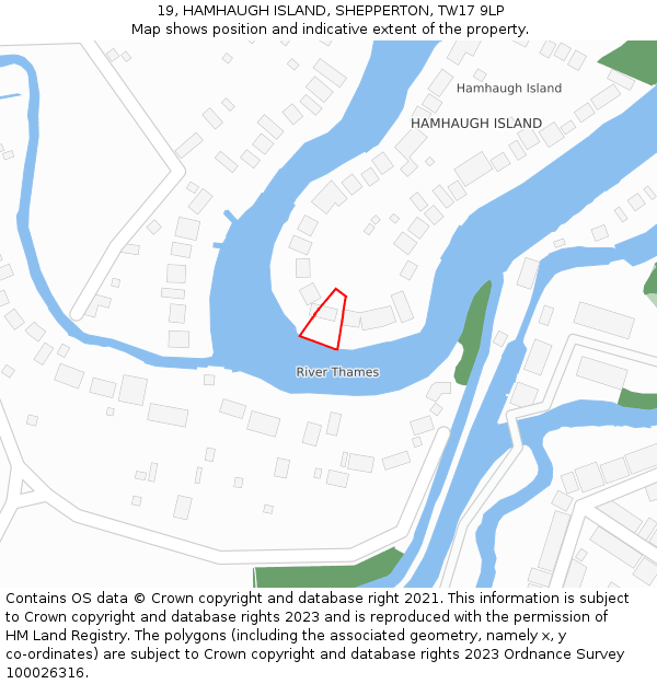 19, HAMHAUGH ISLAND, SHEPPERTON, TW17 9LP: Location map and indicative extent of plot