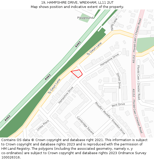 19, HAMPSHIRE DRIVE, WREXHAM, LL11 2UT: Location map and indicative extent of plot