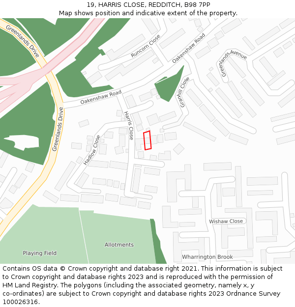 19, HARRIS CLOSE, REDDITCH, B98 7PP: Location map and indicative extent of plot