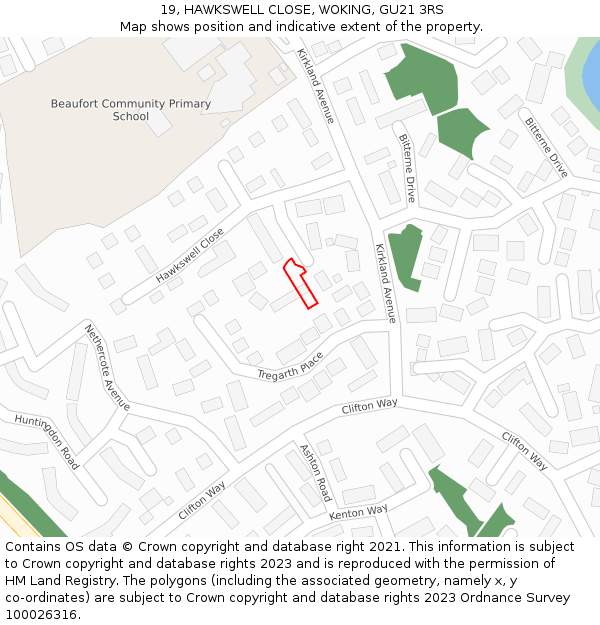 19, HAWKSWELL CLOSE, WOKING, GU21 3RS: Location map and indicative extent of plot