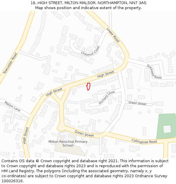 19, HIGH STREET, MILTON MALSOR, NORTHAMPTON, NN7 3AS: Location map and indicative extent of plot