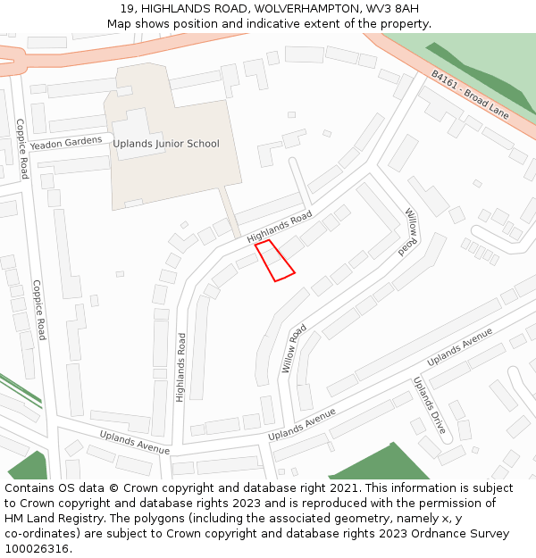 19, HIGHLANDS ROAD, WOLVERHAMPTON, WV3 8AH: Location map and indicative extent of plot