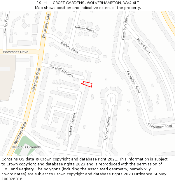 19, HILL CROFT GARDENS, WOLVERHAMPTON, WV4 4LT: Location map and indicative extent of plot