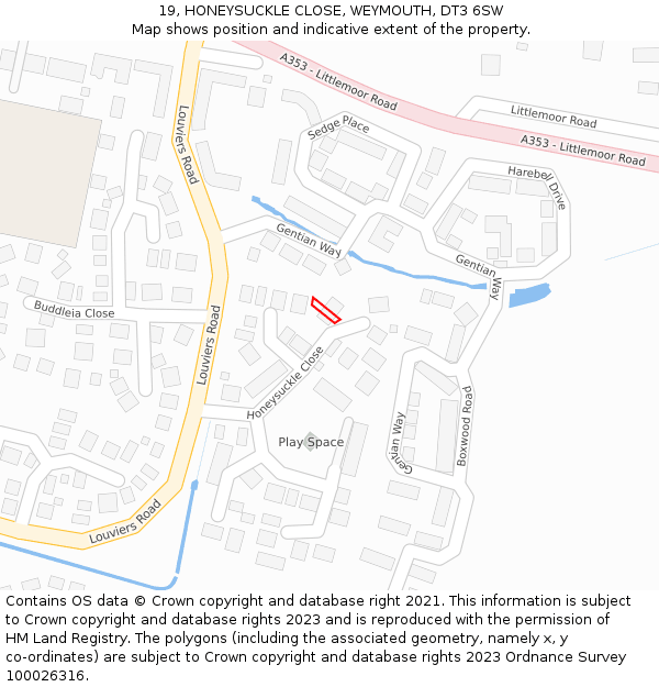 19, HONEYSUCKLE CLOSE, WEYMOUTH, DT3 6SW: Location map and indicative extent of plot