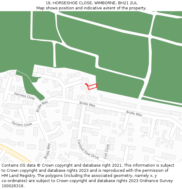 19, HORSESHOE CLOSE, WIMBORNE, BH21 2UL: Location map and indicative extent of plot